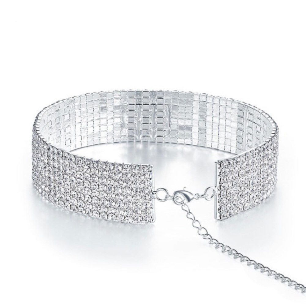 Disco 12 Row White Rhinestone Soft-Mesh Adjustable Choker - Picture 8 of 17